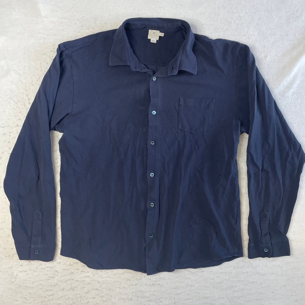 Sunspel Pique Button Down Shirt Mens XL Navy Blue Long Sleeve Cotton Pocket
